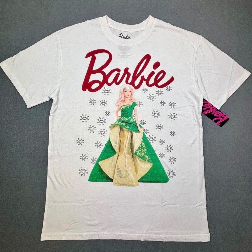 Barbie Graphic T-Shirt Women M White Holiday Gown Snowflake Y2K Aesthetic Core